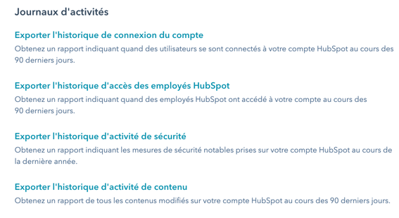 Journaux d'activité d'un compte HubSpot