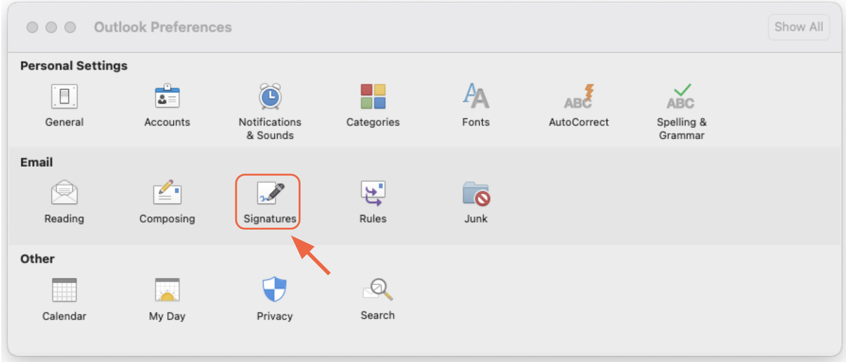 Cliquer sur Signatures dans la section Courrier