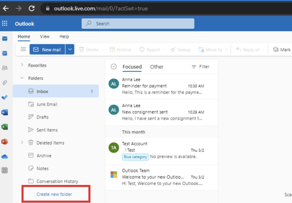 Création d'un nouveau dossier dans Outlook sur le web.