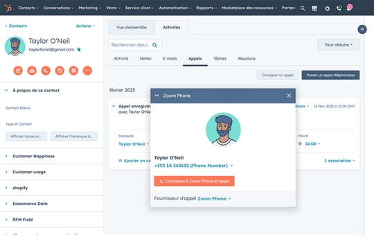 Appel passé via le logiciel call center de HubSpot