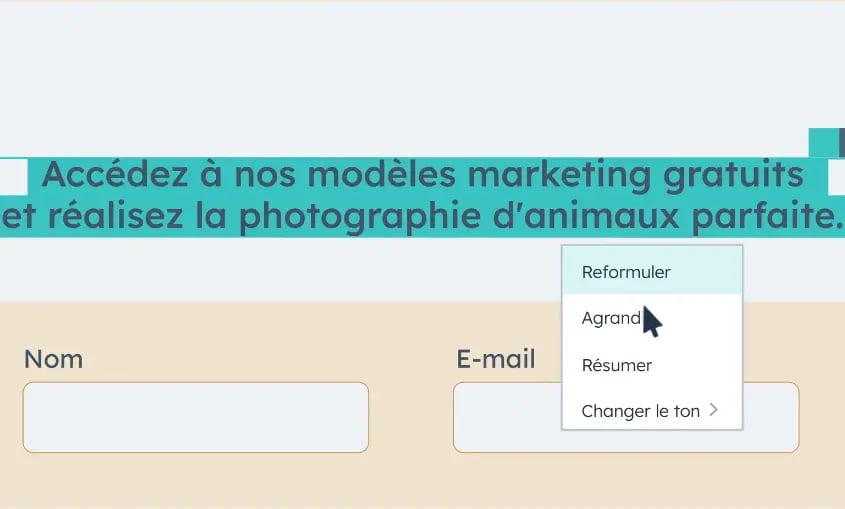 Options du reformulateur de texte intelligent de HubSpot