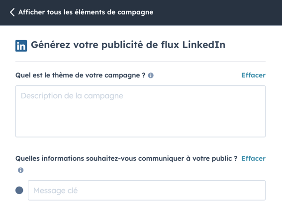 Choix du thème de la publicité LinkedIn générée par l'IA