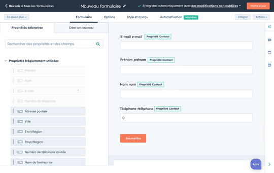 créateur d'un formulaire d'inscription gratuit avec HubSpot