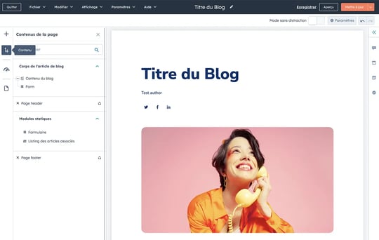 Éditeur de contenu drag-and-drop de l'outil de création de blog gratuit