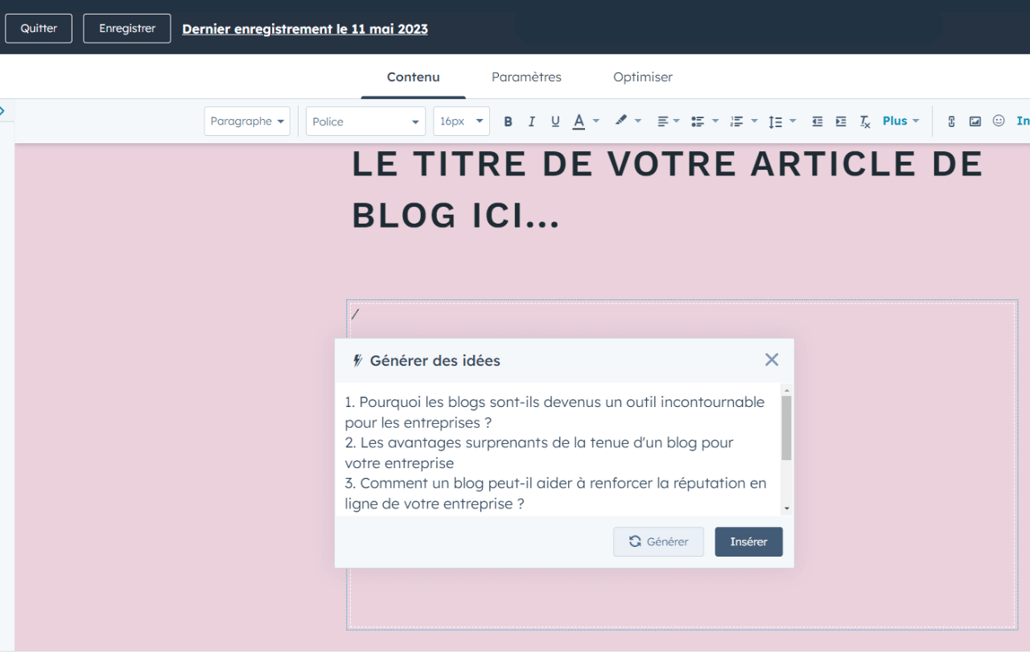 Le générateur d'articles de blog IA de HubSpot affichant des suggestions de titre de blog