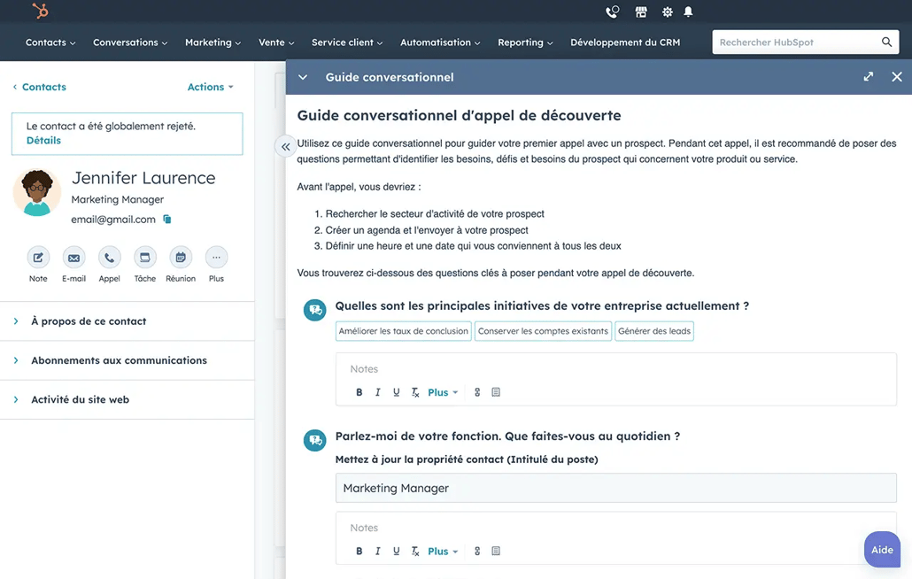 Sales Playbook : paramètres des guides conversationnels dans la plateforme Sales Hub de HubSpot