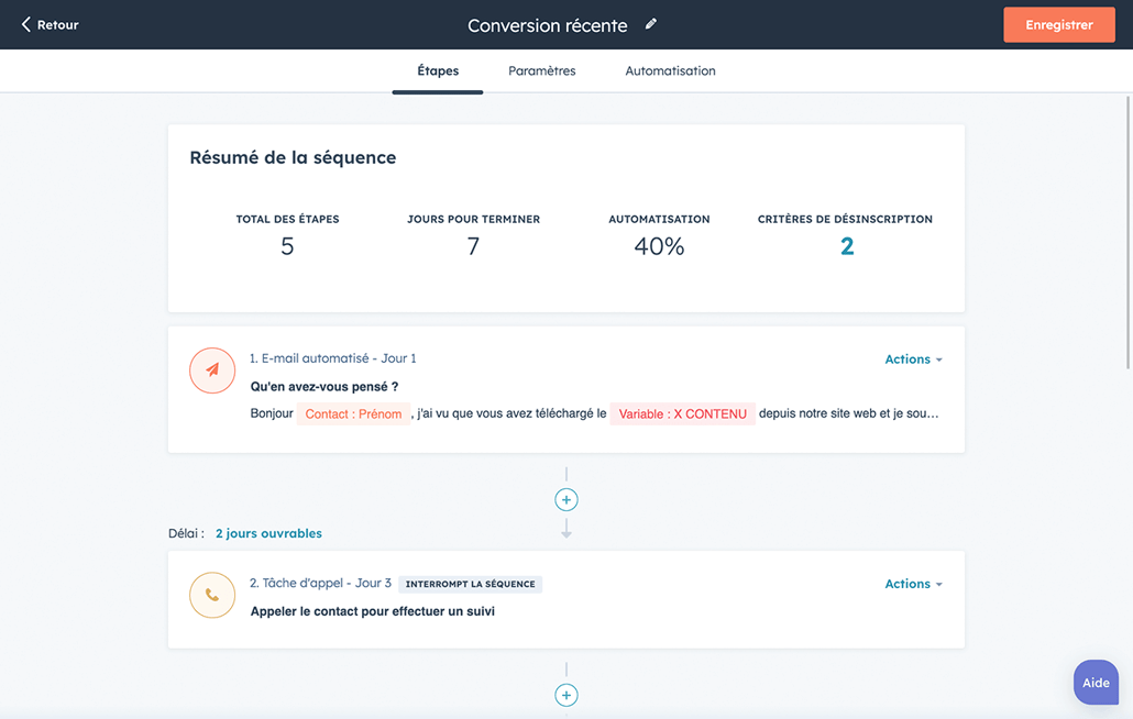 Interface dédiée aux séquences dans l'outil d'automatisation des ventes de HubSpot