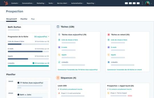 Tableau de prospection de HubSpot montrant le récapitulatif des activités commerciales