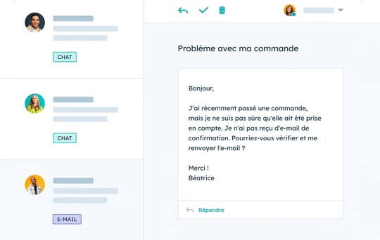 Boîte de réception de l'outil de ticketing de HubSpot