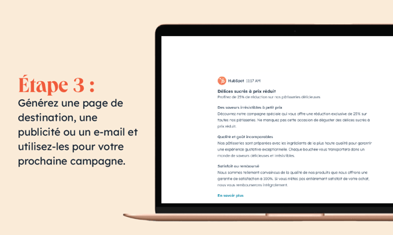 Assistant de campagnes marketing : générez des ressources de pages de destination, d'e-mails ou de publicités