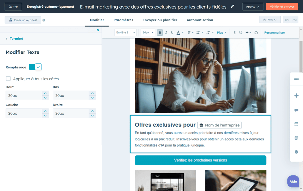 Ajout d'un jeton de personnalisation d'entreprise à une newsletter