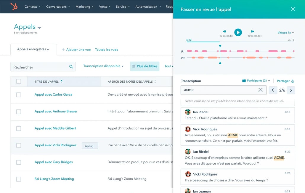 Le Sales Hub de HubSpot montrant la fonctionnalité d'analyse des appels