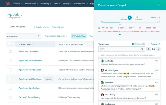 Le Sales Hub de HubSpot montrant la fonctionnalité d'analyse des appels