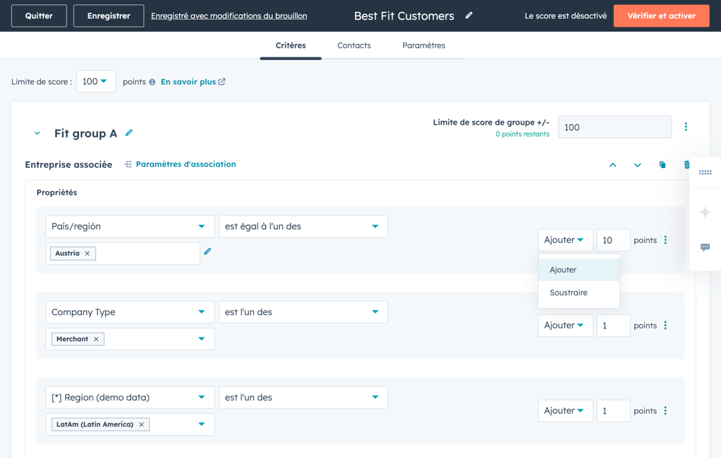 Exemple de lead scoring dans HubSpot