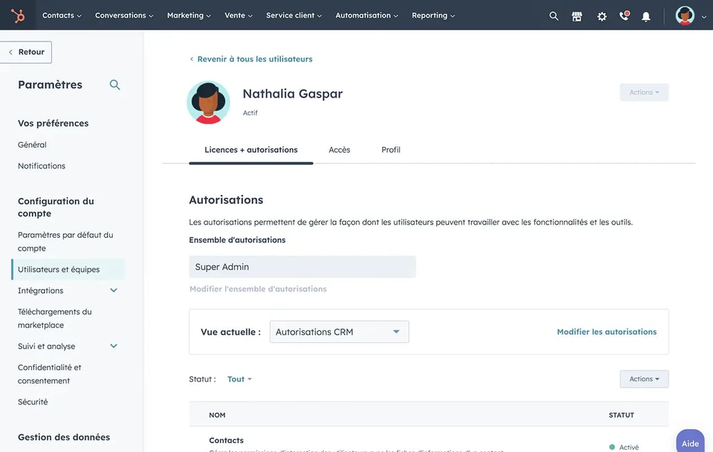 définition des autorisations utilisateurs dans HubSpot