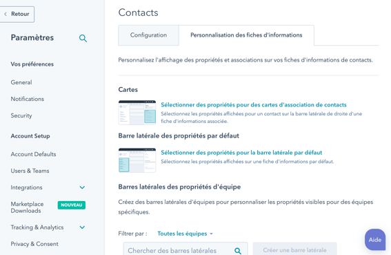 Personnalisation de l'affichage des fiches d'informations dans HubSpot