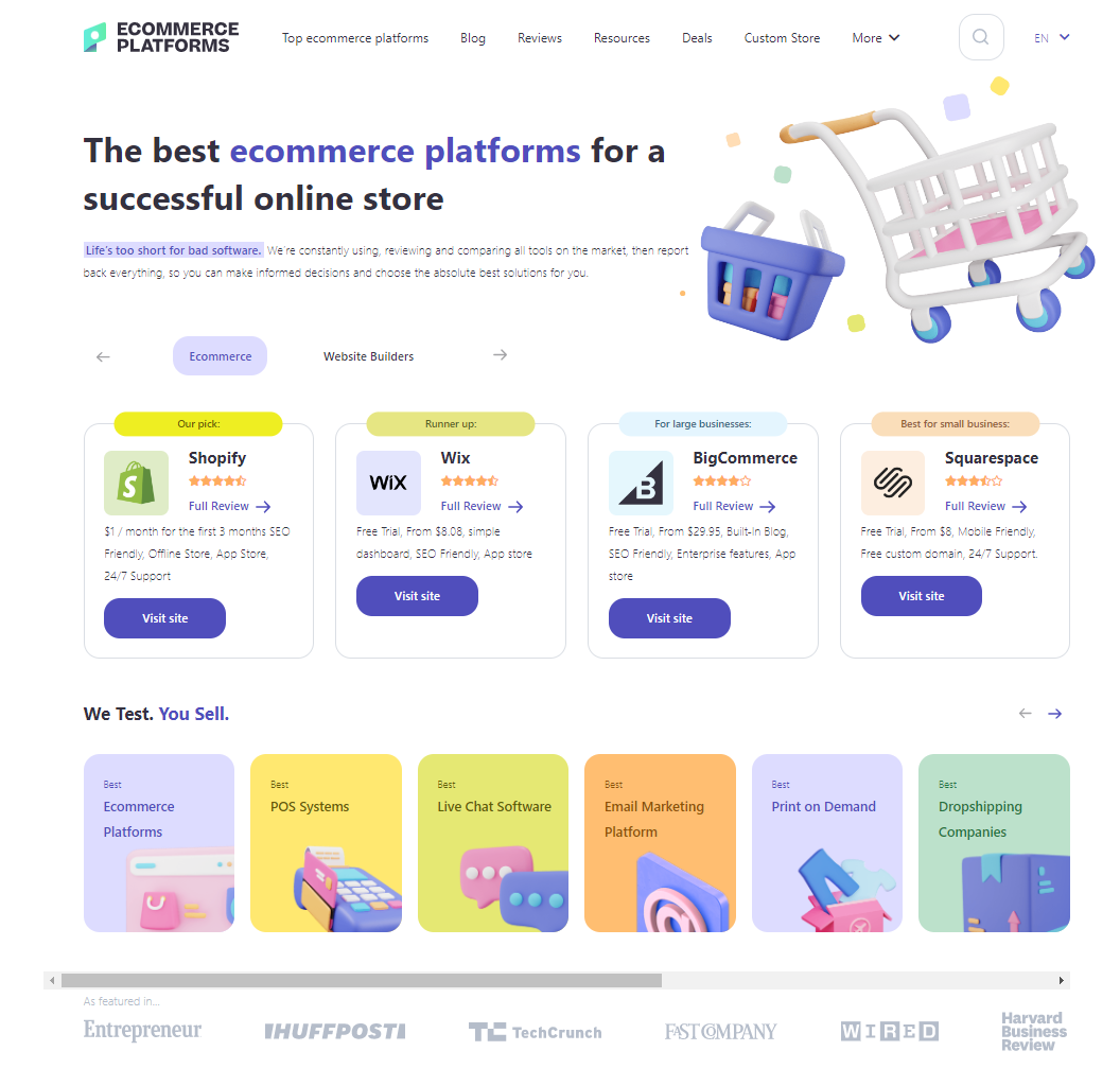 page d'accueil de plateformes e-commerce