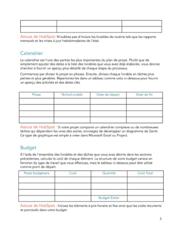 Tableau plan de projet