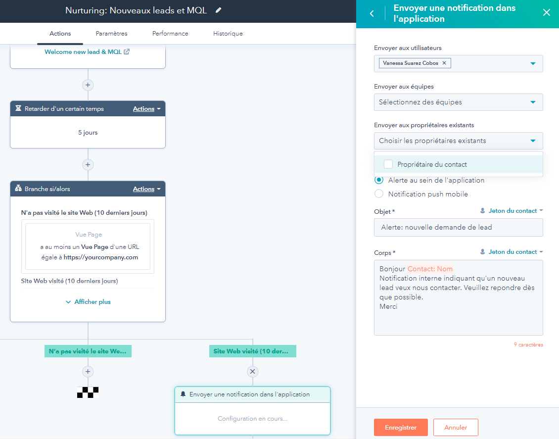 Création d'un workflow avec envoi de notification dans l'application CRM