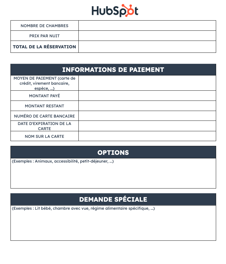 Fiche de réservaion hôtel : page 2 - paiement, options, et demandes spéciales