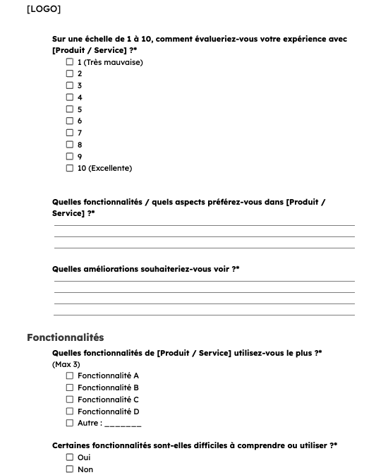 Suite de l'exemple de questionnaire sur Word