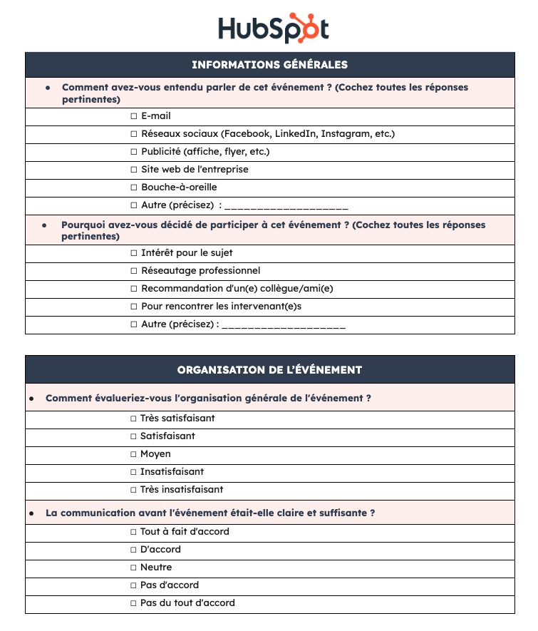 Questionnaire de satisfaction d'événement : page 2