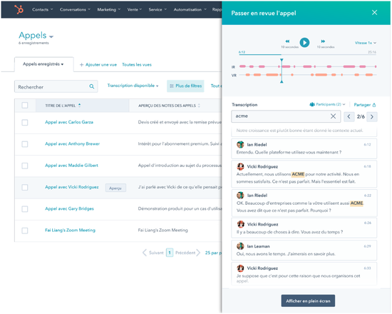 Liste des appels effectués depuis son PC dans HubSpot