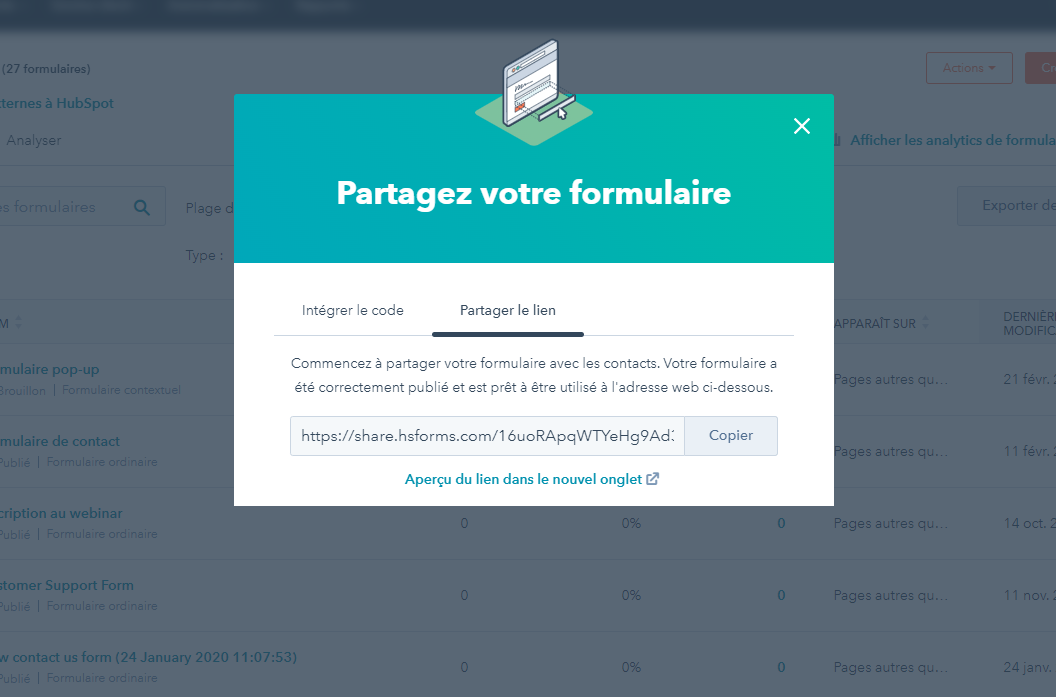 Partage et intégration d'un formulaire sur son site web à l'aide d'un code