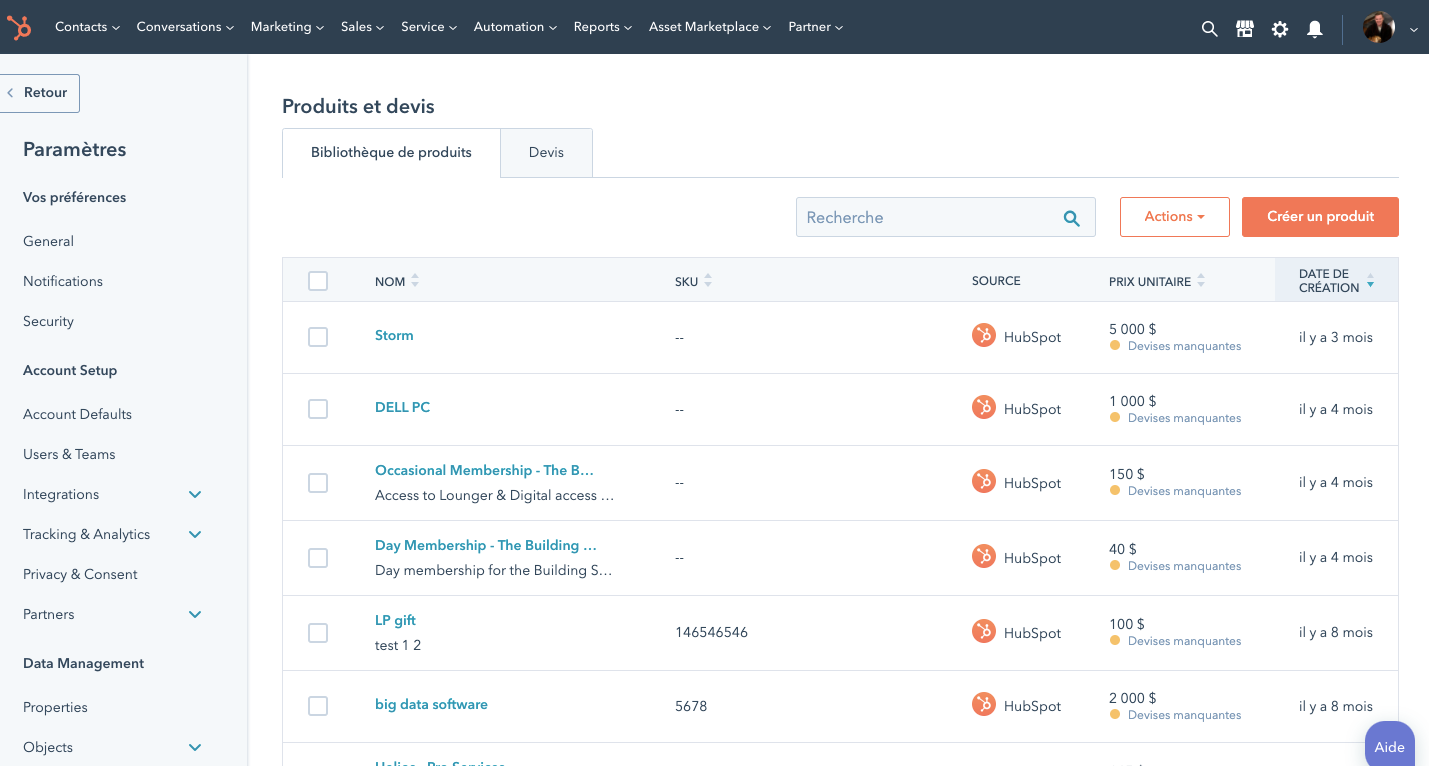 Bibliothèque de produits dans HubSpot