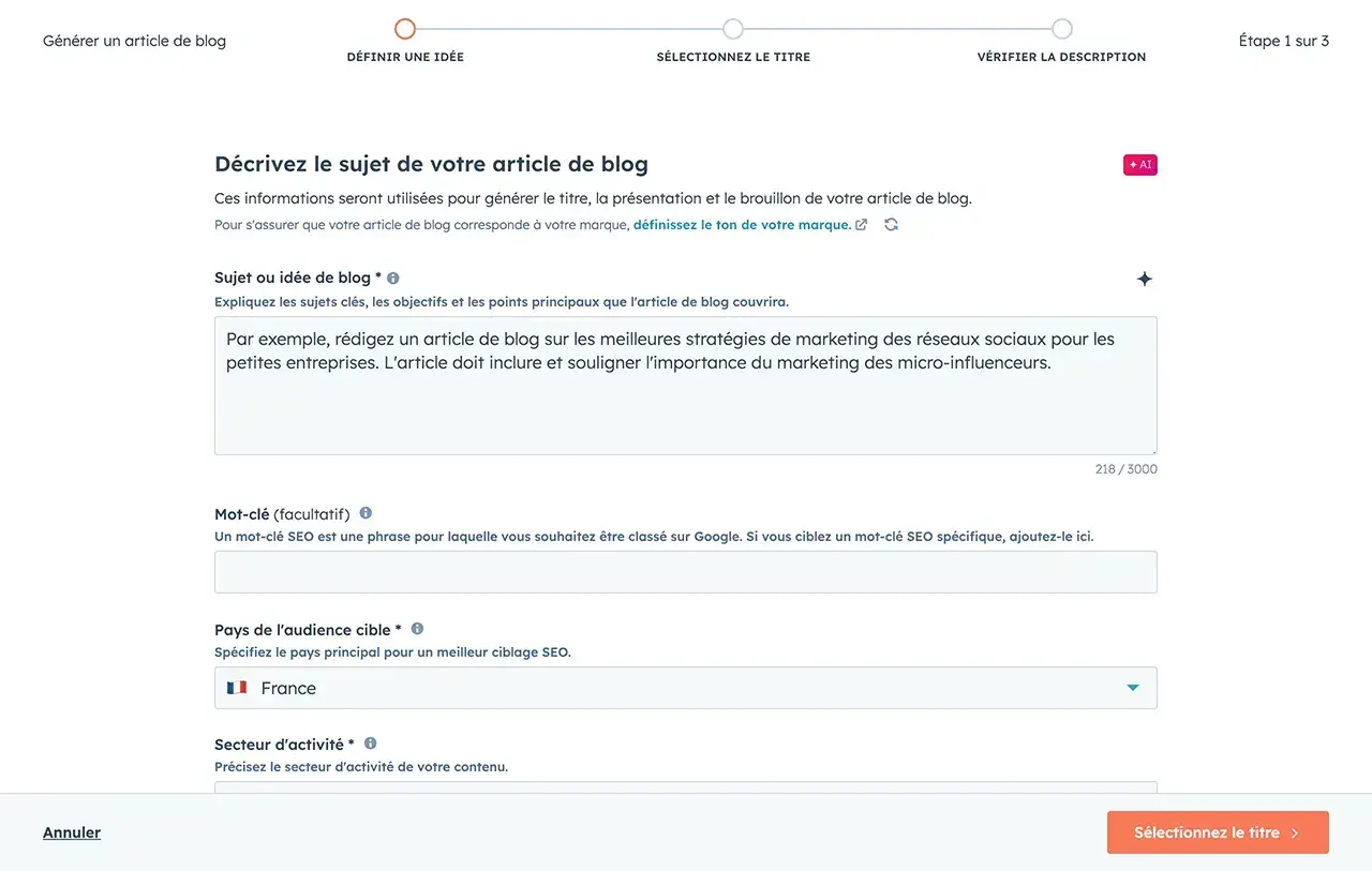 Générateur d'articles de blog IA de HubSpot affichant une invite de sujet