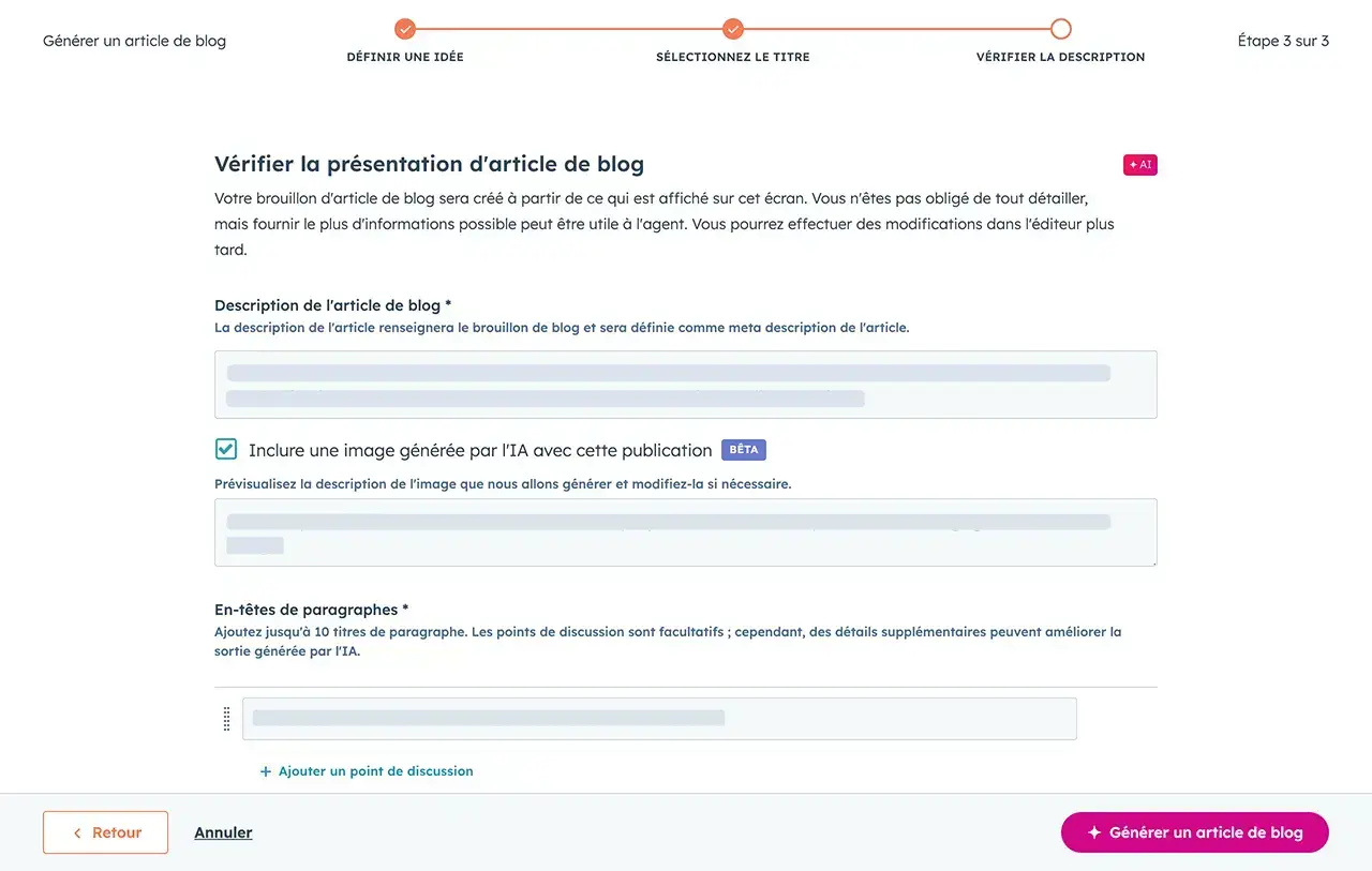 Générateur d'articles de blog IA de HubSpot affichant les grandes lignes du blog