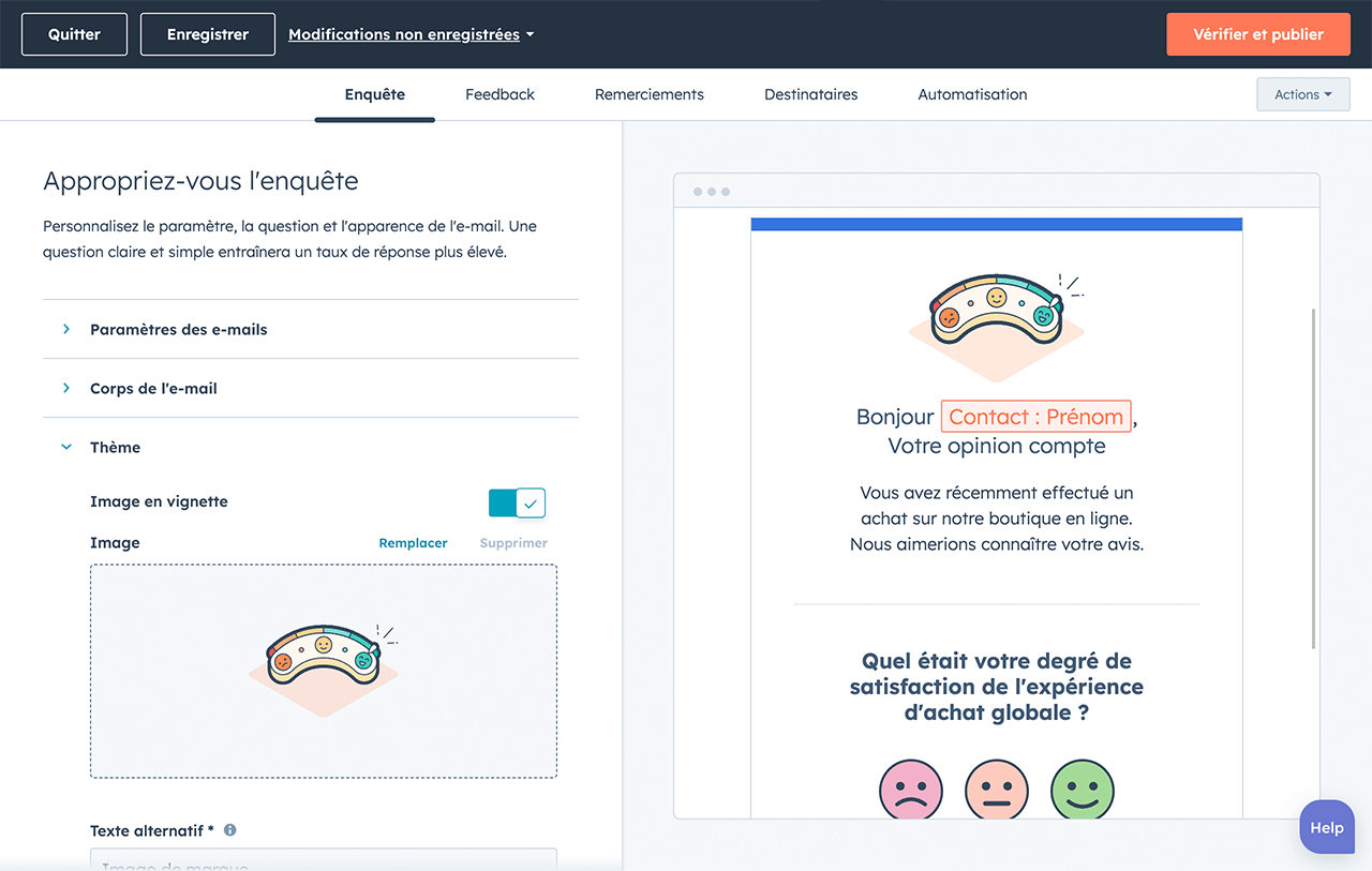 Vue d'une enquête de satisfaction créée dans HubSpot