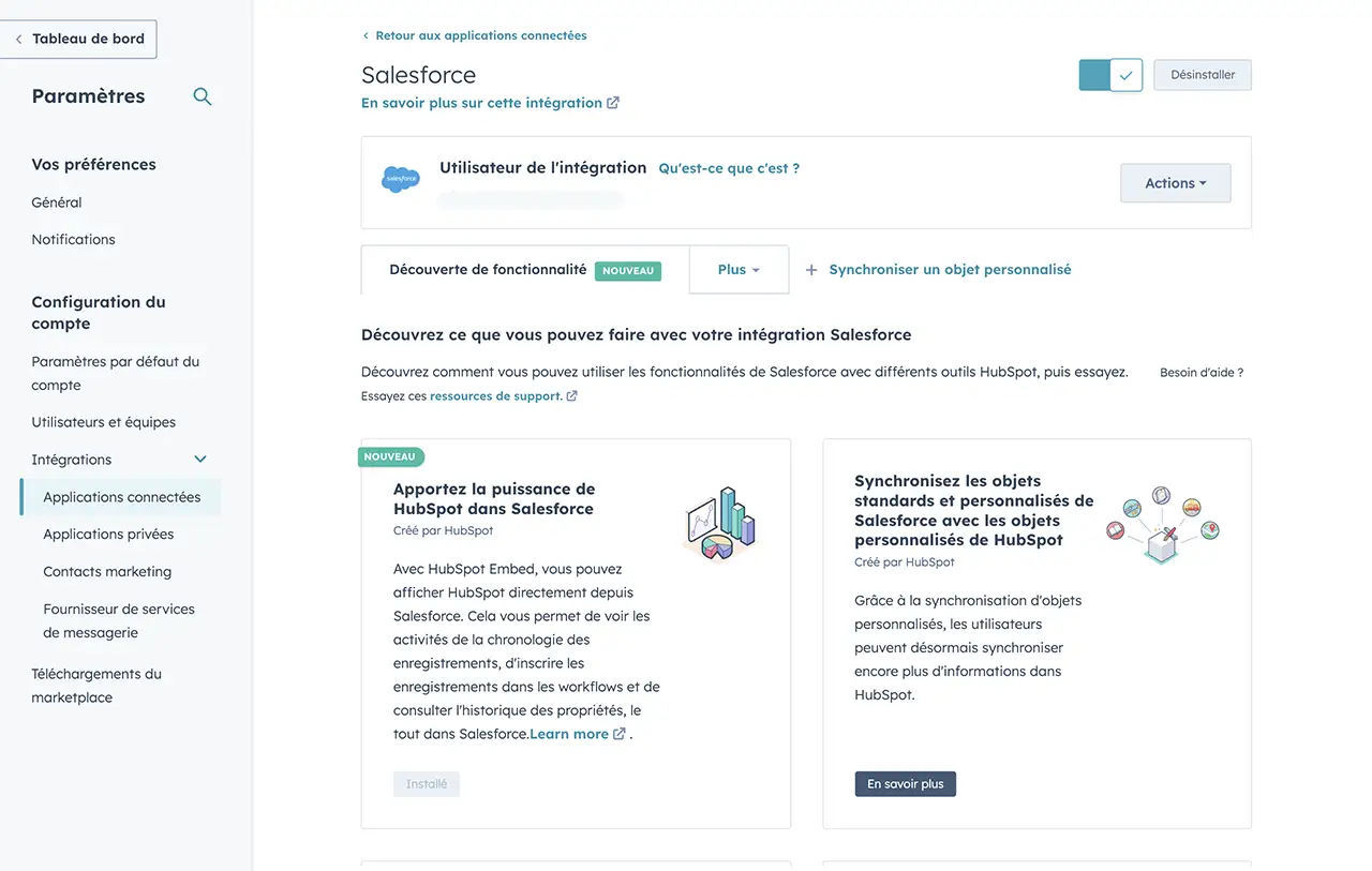 Interface dans HubSpot des réglages de l'intégration Salesforce