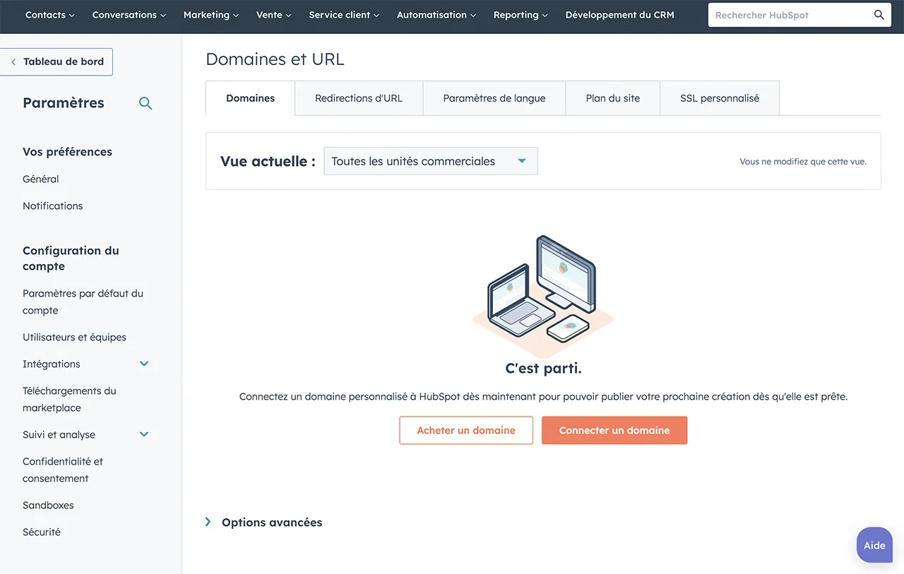 Outils du CMS HubSpot affichant les domaines et URL