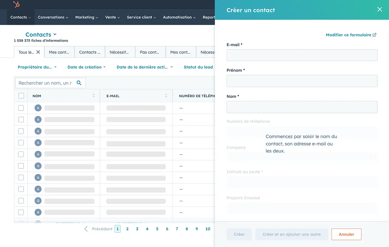 Création de contact dans le logiciel de gestion de contacts de HubSpot