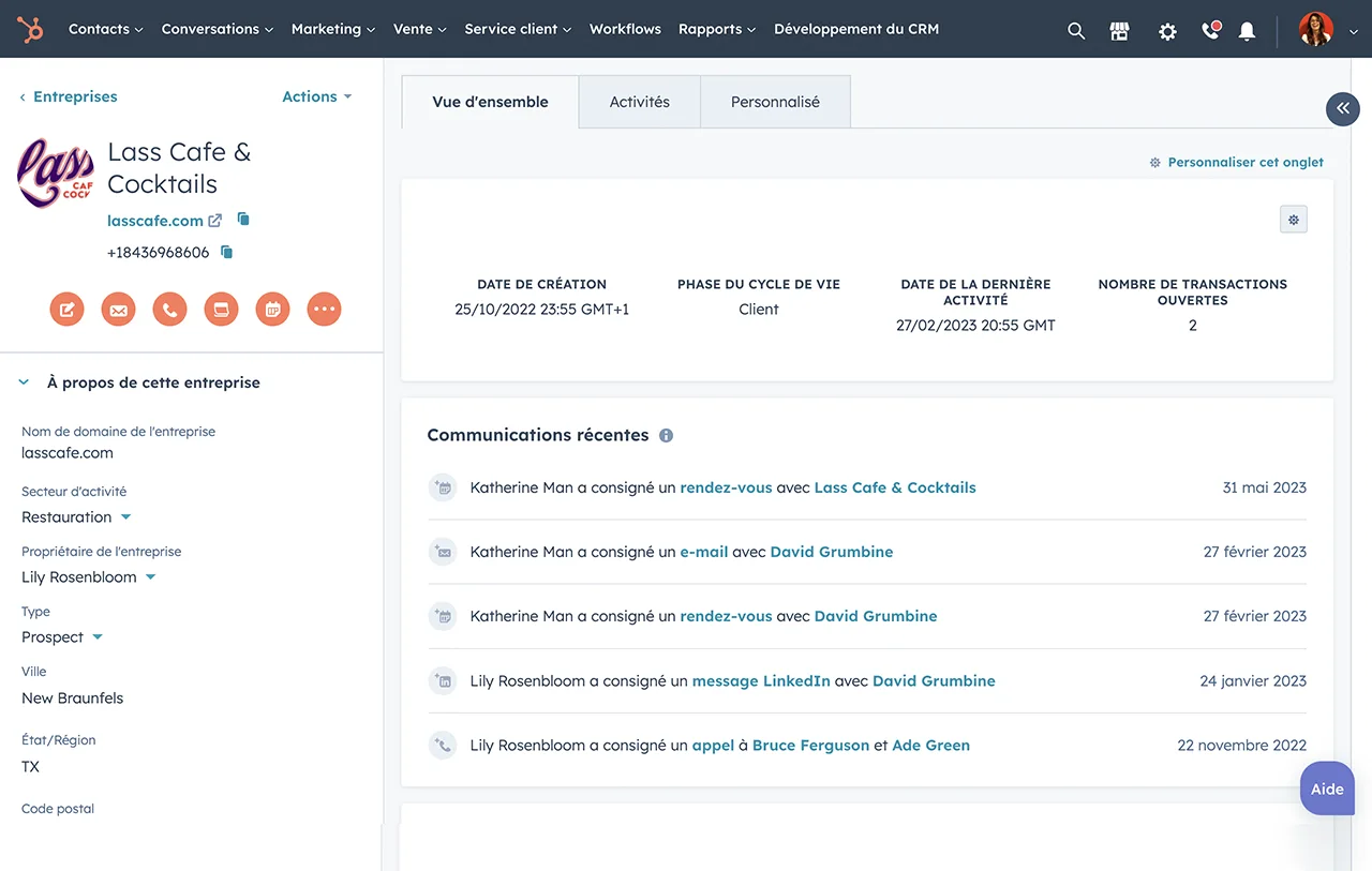 Notes sur une fiche de contact dans le logiciel de gestion de contacts de HubSpot