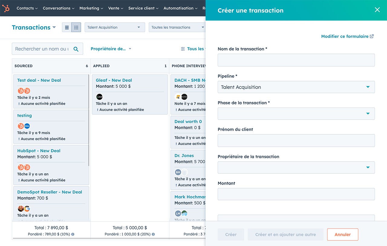 Formulaire de création de transaction sur tableau de bord