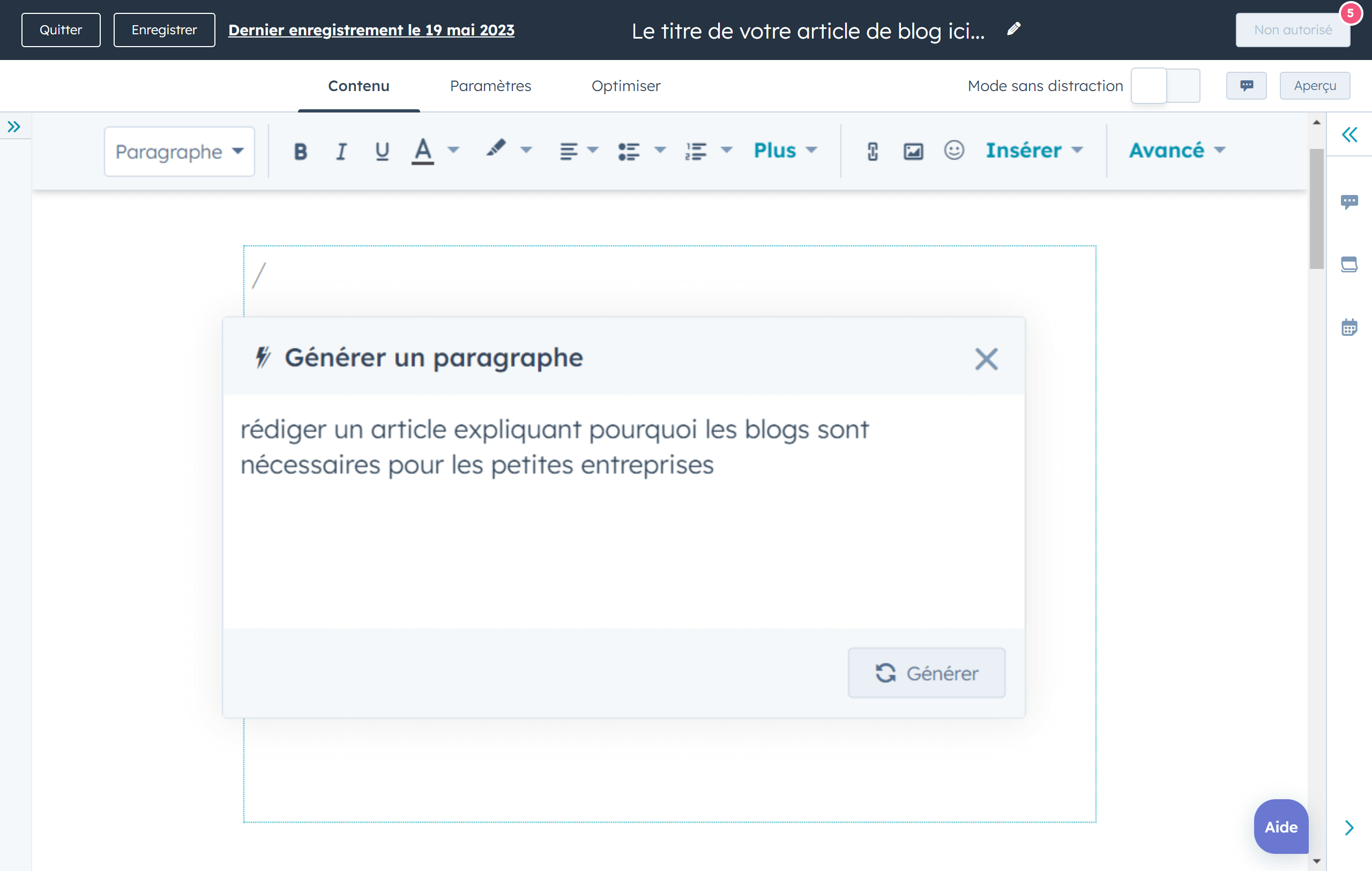 Générateur de blog IA de HubSpot pour la rédaction d'un paragraphe d'article