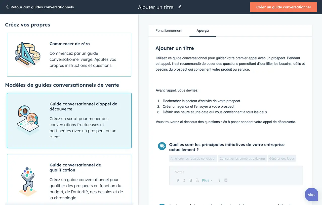 Options de création de sales playbook dans l'interface HubSpot des guides conversationnels