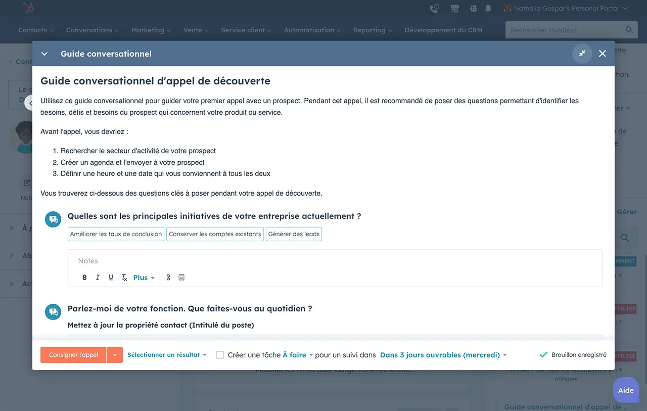 Script d'appel de découverte dans l'interface HubSpot des guides conversationnels