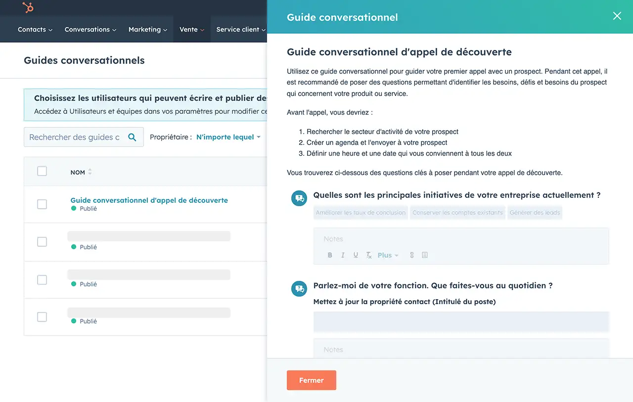 Options relatives aux notes durant un appel dans l'interface HubSpot des guides conversationnels