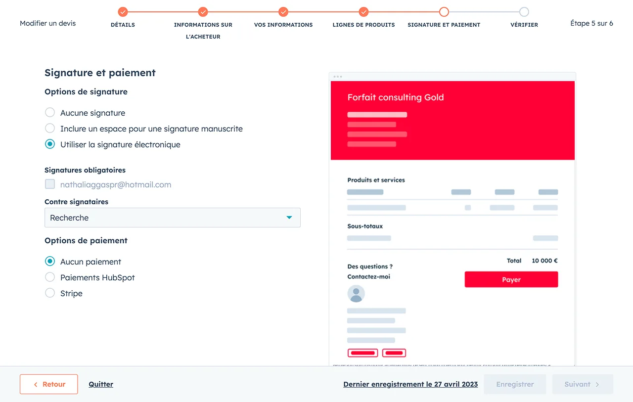 Interface du logiciel de création de devis de HubSpot montrant les différentes options pour ajouter plusieurs lignes de produits