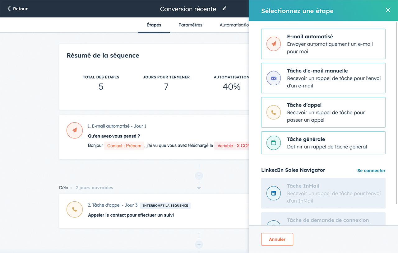 Étapes de création d'une séquence dans l'outil de sales automation de HubSpot