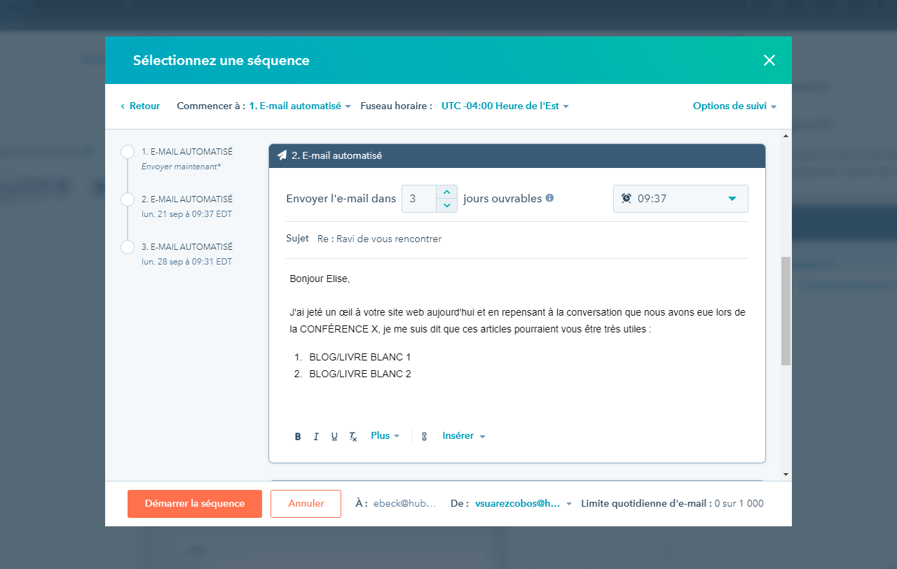 Options de personnalisation de séquence dans l'outil d'automatisation des ventes HubSpot