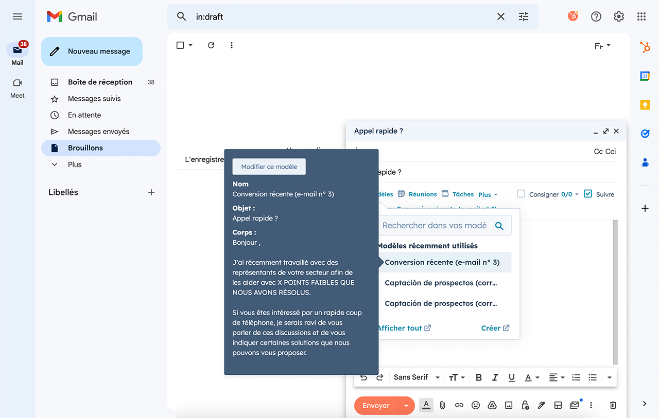 Modification de modèle d'e-mail dans l'outil d'automatisation des ventes de HubSpot