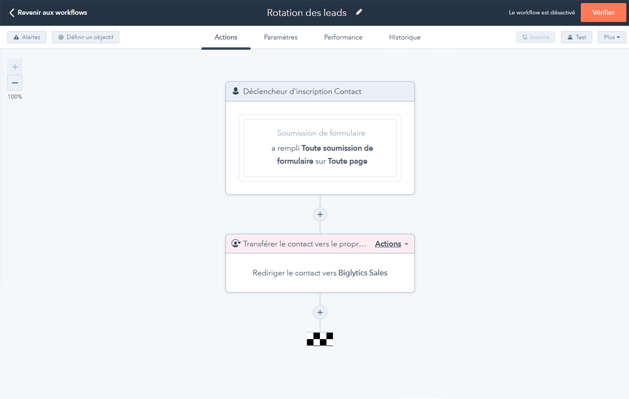 Éditeur de workflows dans l'outil d'automatisation des ventes de HubSpot