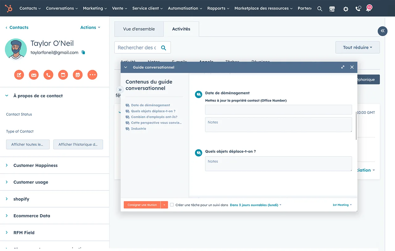 Guides conversationnels dans le logiciel HubSpot pour aider à mener les appels