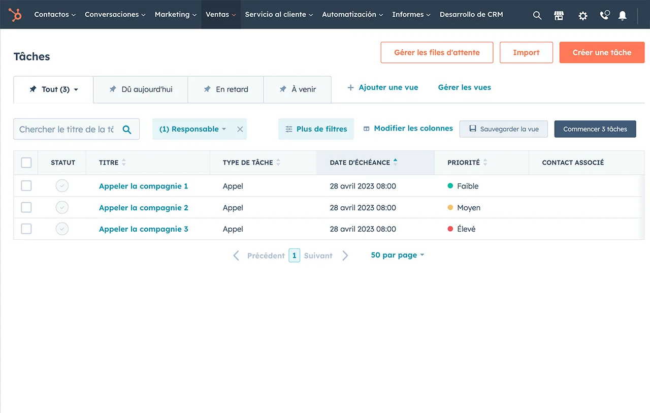 Liste des appels à effectuer inscrits dans le CRM