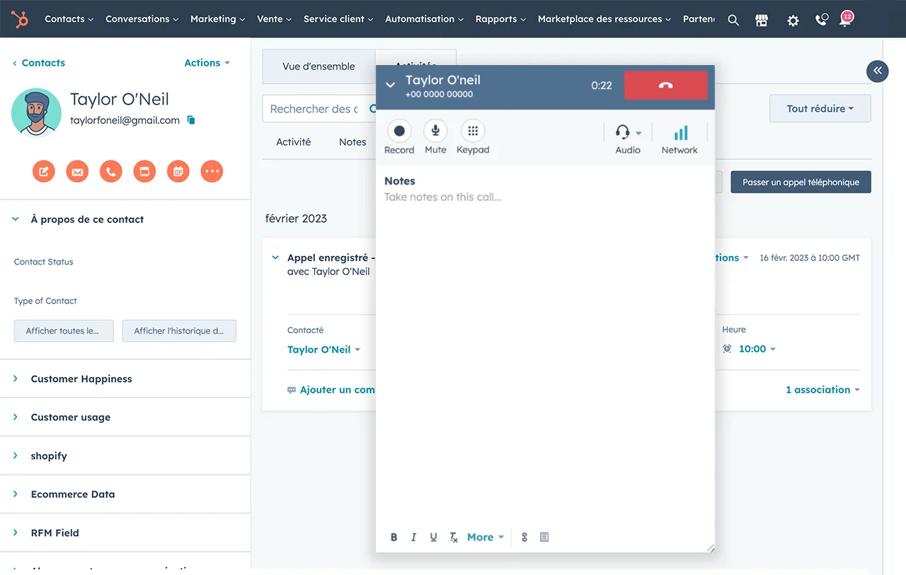 Option pour lancer un appel dans le logiciel de gestion des contacts gratuit de HubSpot