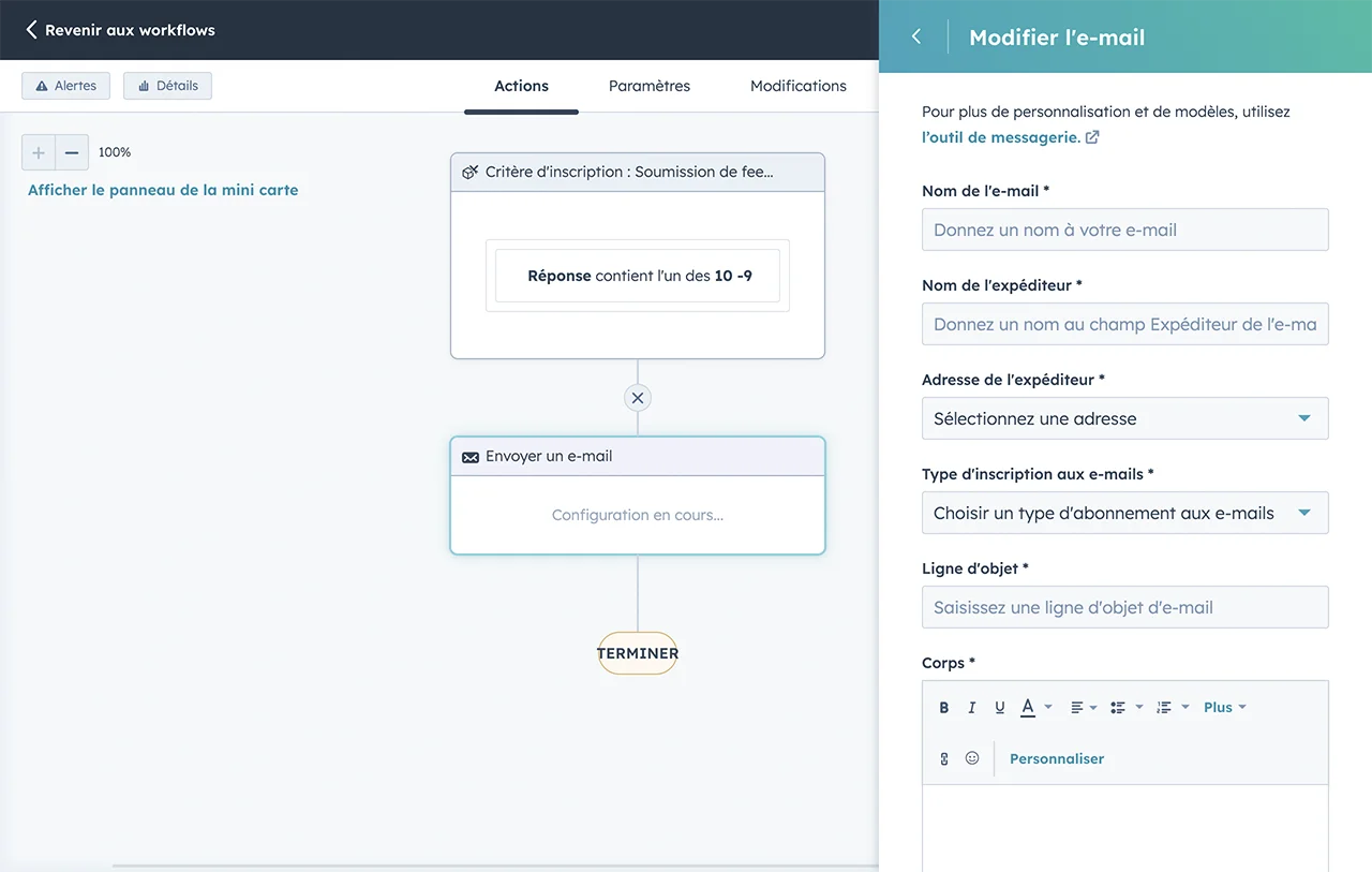 Vue d'un workflow d'automatisation du feedback sur la satisfaction client